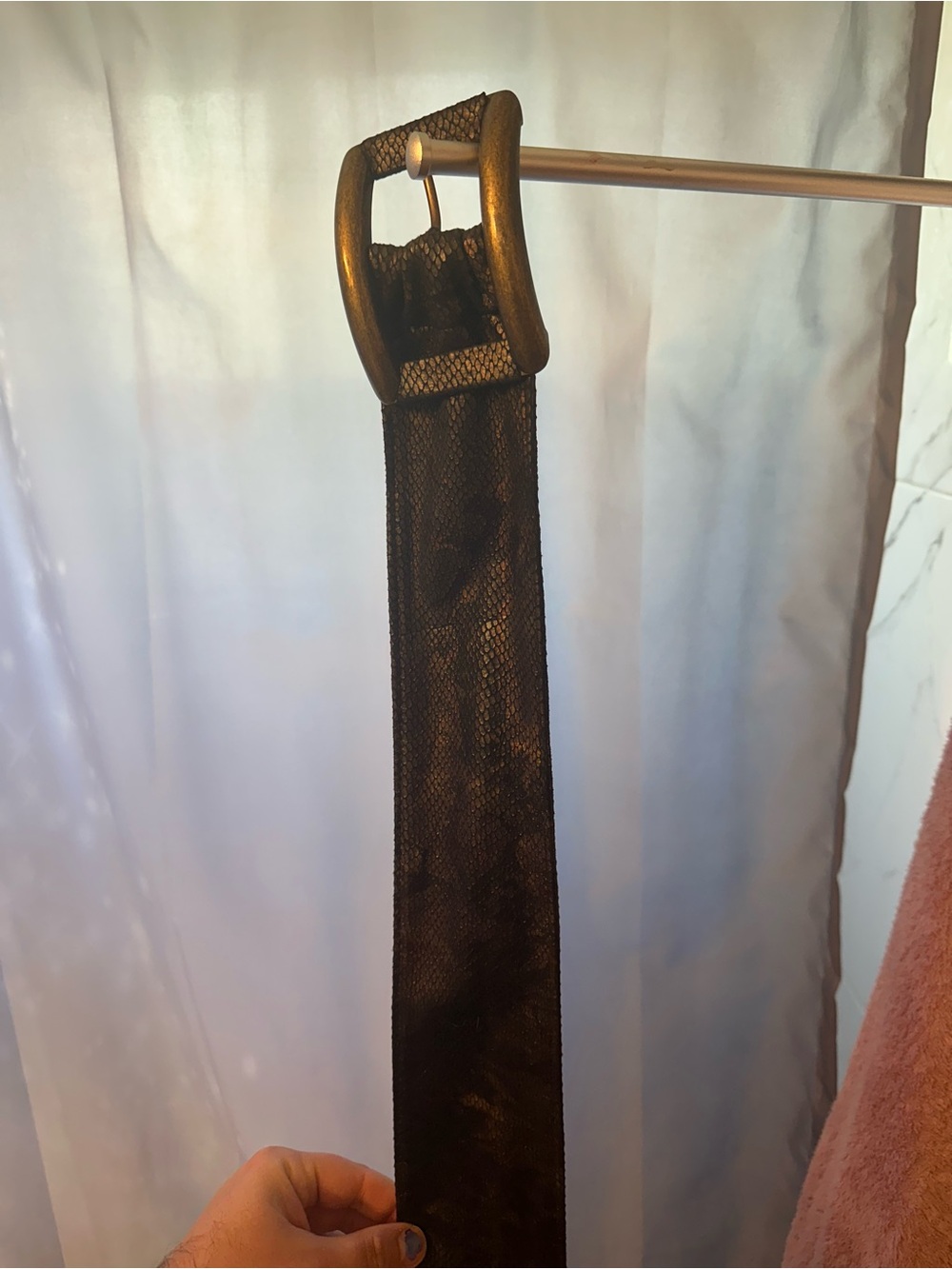 Brown Snakeskin Cloth Belt with Gold Square Buckle